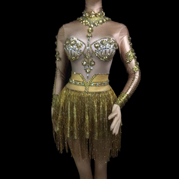 Women's DJ Singer Dance Long Sleeves Gogo Dance Costumes Fashion Stage  Fringe Sparkly Gold Rhinestones Tassel Dress Stage Costume | Wish