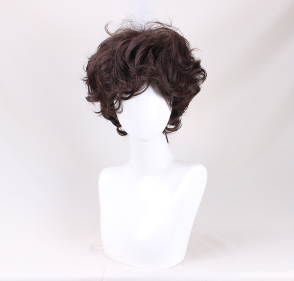 Men Short curly Wig Dark Brown Synthetic Natural Full Wigs +a wig cap ...