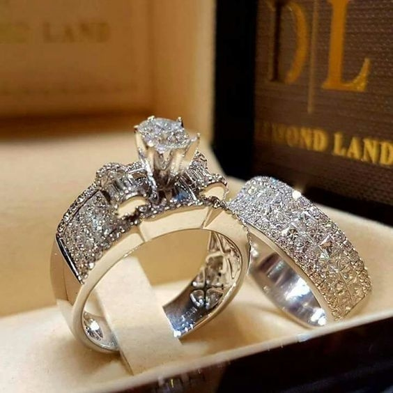 Women 925 Silver Big White Sapphire Birthstone Ring Set Wedding Bridal Jewelry