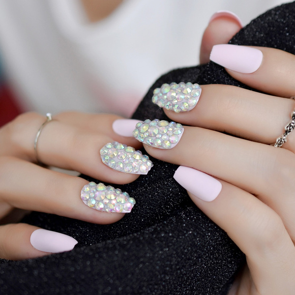 Diamond Coffin Frosted Nails Thistle Light Pink Color Rhinestone Nails  Pre-designed 3D Acrylic Shiny Decoration Nails 24