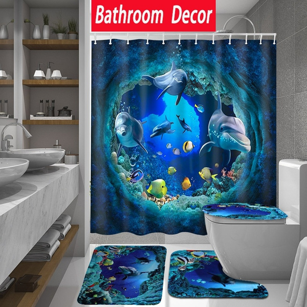 New Fashion Ocean Dolphin Deep Sea Shower Curtain Bathroom Waterproof Pedestal Rug Lid Toilet Cover Bath Mat Wish New Fashion Ocean Dolphin Deep Sea, Dolphin Shower Curtain
