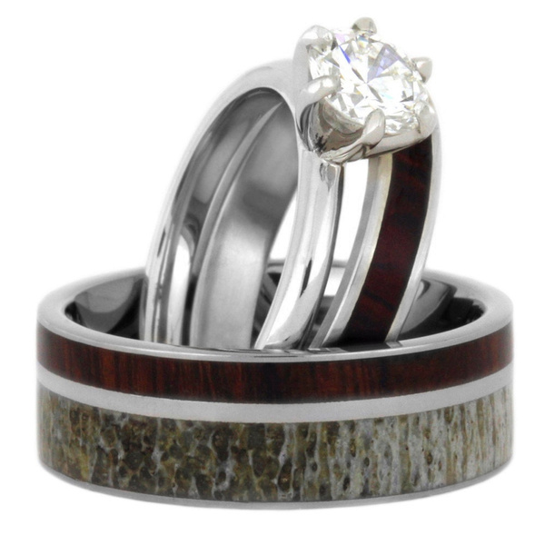 His and Her Damascus Steel Wedding Rings Set Mokume Gane Wedding Band