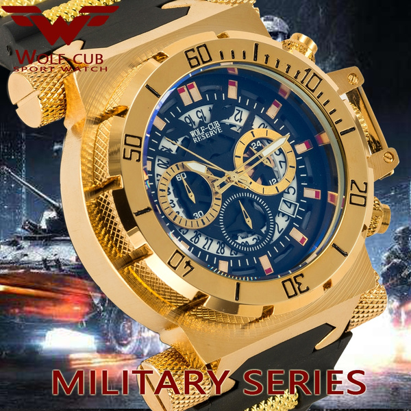 WOLF CUB Luxury Big Dial Men s Sports Watches 3BAR GOLD Dial Man Steel Chronograph Quartz Wrist Watch Military Relogio Masculino JIANGYI