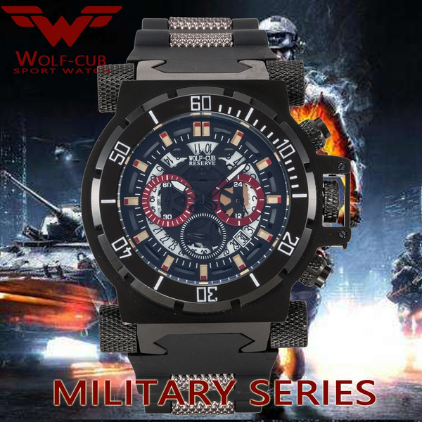 WOLF CUB Luxury Big Dial Men s Sports Watches 3BAR Black Red Dial Man Steel Chronograph Quartz Wrist Watch Military Relogio Masculino liuyi