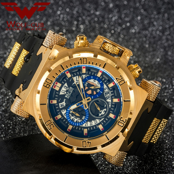 WOLF CUB Luxury Big Dial Men s Sports Watches 3BAR Gold Blue Dial Man Steel Chronograph Quartz Wrist rubber strap Watch Military Relogio Masculino