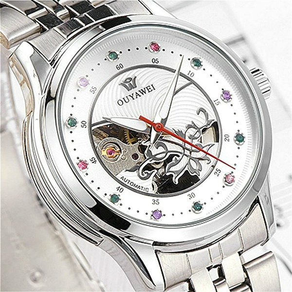 OUYAWEI Women Automatic Mechanical Skeleton Watches Woman Silver Stainless Steel Dress Ladies Girls Wrist Watch Clock Montre with Gift Box