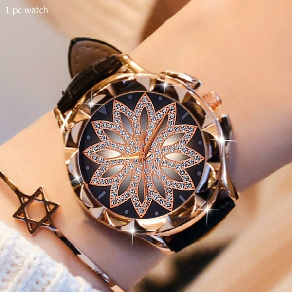 Women Rhinestone Watches Lady Diamond Dress Watch Brand Leather Band Big Dial Bracelet Wristwatch Crystal Watch