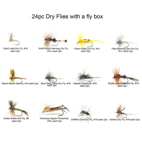 Riverruns Best Assortment 12 Dry Flies Collection Total 24 Flies with A  Mini Fly Box,Sall, Royal Coachman, March Brown, Griffiths Gnat, Drake,  Tentwing Hopper, Adults Dry Fishing Flies