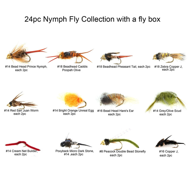 Riverruns Best Assortment 12 Nymph Fly Collection Total 24 Flies with A  Mini Fly Box, Bead Head Prince Nymph, Zebra Copper, Poxyback Micro Dark  Stone, Fly Fishing Flies Trout Nymph Flies