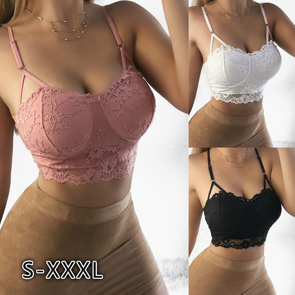 Women's Fashion Sexy See Through Crop Top Solid Color Plus Size Summer Tank  Top Casual Lace Bralette Top
