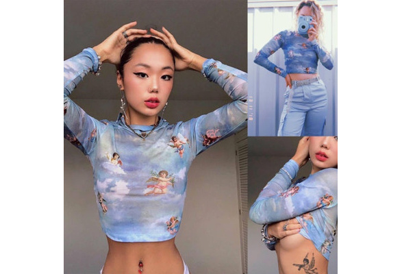 Women Flower Transparent Mesh Sheer Crop Top T-Shirt Blouse Tee Tops