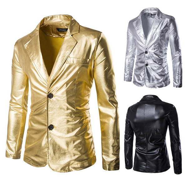 Men Faux Leather Wet Look Metallic Shiny Suit Jacket Stage Gold Silver Twobutton Blazer Coat