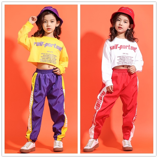 Girls Jazz Rap Bare-midriff Two-Piece Suits Kids Hip Hop Sweatshirts +  Sweat Pants Outfits 4-15 Years
