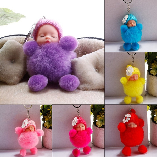 New Pompom Sleeping Baby Keychain Cute Fluffy Plush doll Keychains