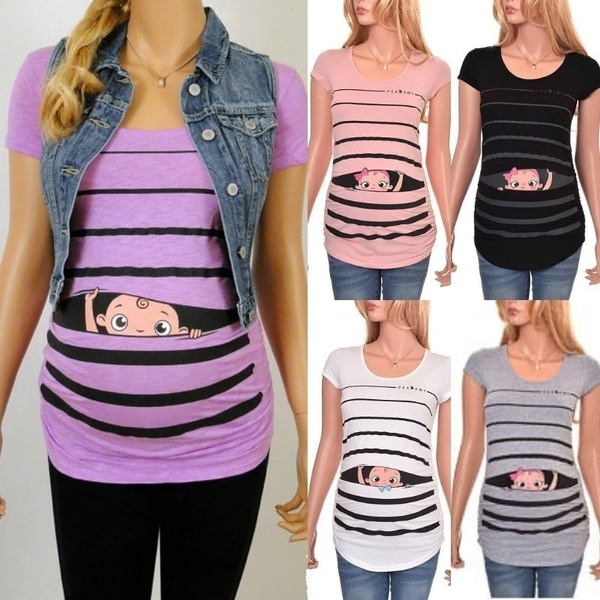 Summer Maternity Women Cute Funny Print T-shirt Pregnancy Wear Striped  Cartoon Baby Short Sleeve T-shirt Cotton Top Clothes for Pregnant Women