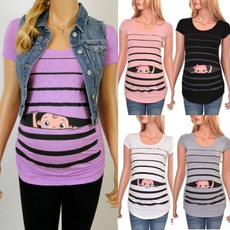 Summer Maternity Women Cute Funny Print T-shirt Pregnancy Wear Striped Cartoon Baby Short Sleeve T-shirt Cotton Top Clothes for Pregnant Women