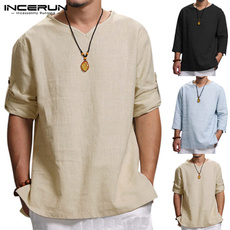 INCERUN S-5XL Men's Loose Shirt Long Sleeve V Neck Cotton Linen T Shirts Vintage Tops