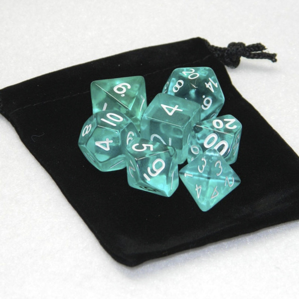 7Pcs Turquoise Polyhedral Set Cloud Drop Translucent Teal RPG DnD With Dice Bag 