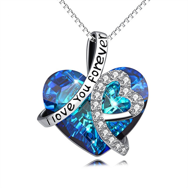 Light Blue I Love You Necklace Heart Crystal Pendant with CZ stones - and  18