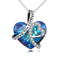 925 Sterling Silver" I Love You Forever "Crystal Heart Pendant Necklaces for Woman Blue Crystal Choker Necklace for Bridal Wedding Chain Necklace Valentine's Day Gifts