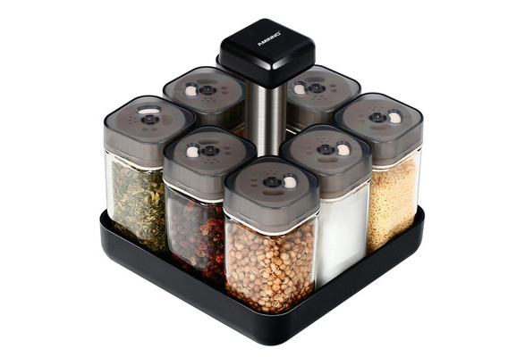 Seasoning Jars Set for Spices Pepper Sprays Bottles Rotating Cruet  Condiment Salt Shakers Holder Kitchen Storage Rack Organizer
