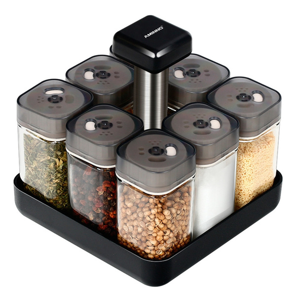 Portable 9Pcs set Cruet Rotating Condiment Spices Jar Storage Set Stainless Steel Glass Seasoning Cans Kitchen Spice Rack Condiment Bottles Pepper