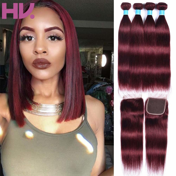 99j Burgundy Straight Hair Weaves 50g/Bundles 4 Bundles with Lace Closure  4x4 Free Part Red Wine Color 100% Unprocessed Human Hair Weft Weaves  Peruvian Hair | Wish