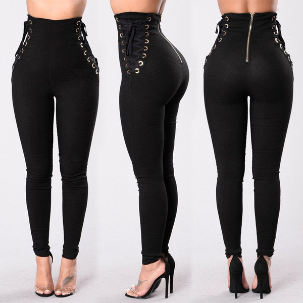 Women Solid Office Pants Fashion Elastic Loose Drawstring Tie-up High Waist  Pencil Trousers Female Stretch