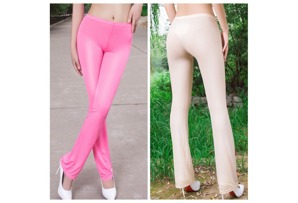 Lady See Through Leggings Flare Leg Silky Sheer Pants Trousers Stretch Sexy  Slim