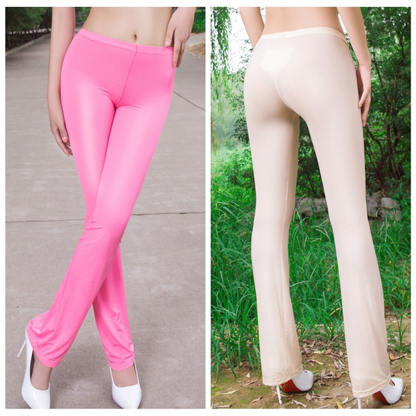 Lady See Through Leggings Flare Leg Silky Sheer Pants Trousers Stretch Sexy  Slim 