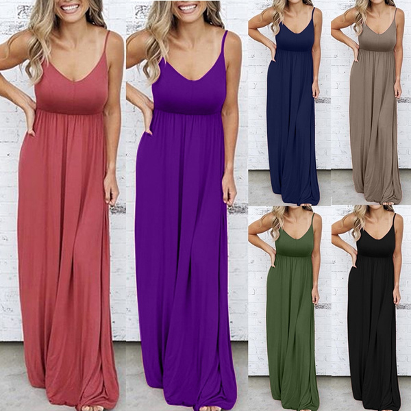 Women Fashion Summer Sleeveless Maxi Halter Dresses Solid Color Elastic ...
