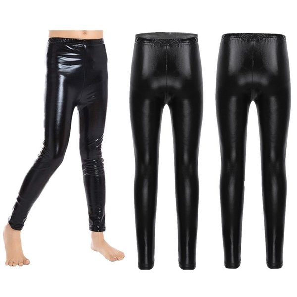 Kids Girls Faux Leather Lace Stretch Full Length Leggings Metallic Shiny  Teens Pants