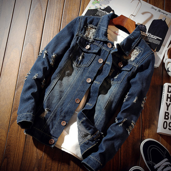 Mens Denim Jacket Winter Casual Vintage Wash Distressed Denim Coat