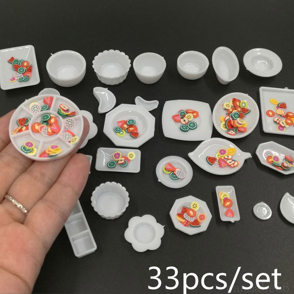 Funny 33Pcs Dollhouse Miniature Tableware Plastic Plate Dishes Mini Food Toys 