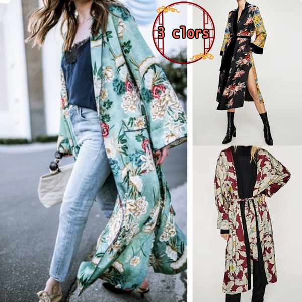 New Women's Bohemian Flower Tassel Long Kimono Oversized Shawl Shirt  Cardigan Kimono