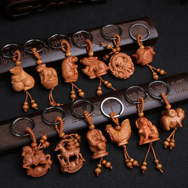 12 zodiac Natural Wood Keychain Key ring Handmade Wood  Key Chain Bag Pendant TO 