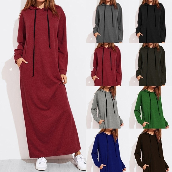 S 5XL Women Long Hoodie Dress Maxi Long Sleeve Tunic Casual Loose