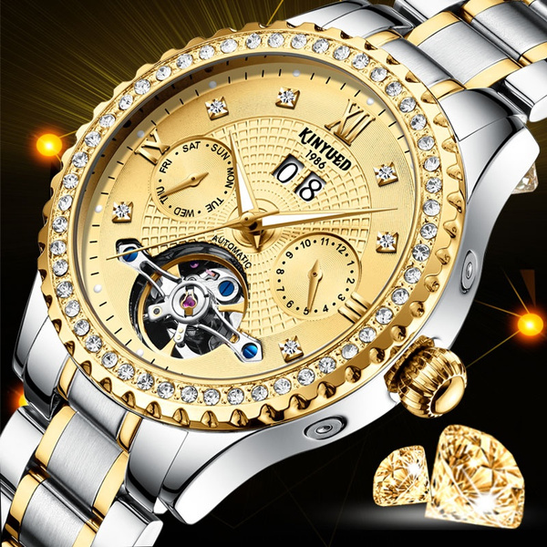 Kinyued Mens Watch Tourbillon Automatic Mechanical Watch Men Gold Diamond Wristwatch