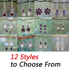 12Styles Vintage Silver Earrings Rainbow Moonstone Earring Amethyst&Peridot&Pearl Dangle Earrings for Women Wedding Bridal Jewelry Gifts