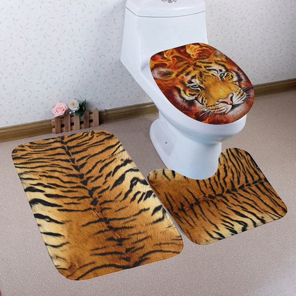 Leopard Bathroom Carpets Animal Fur Print Pedestal Rug Bath Mat Toilet Lid Cover 
