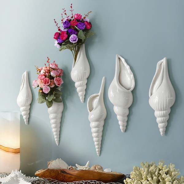 Cabilock Wall Flower Vase Ceramic Sea Shell Conch Flower Vase Nautical Mediterranean Style Wall Hanging Decor with Flowers for Home Living Room Bedroom 