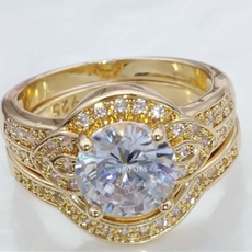 Couple Rings, yellow gold, Engagement Wedding Ring Set, wedding ring