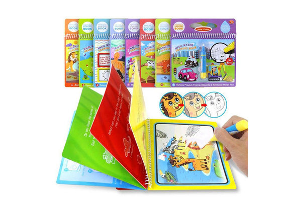 Magic Water Colouring Book, Reusable Water Drawing Book with Refillable Water Pen for Toddlers Boys Girls