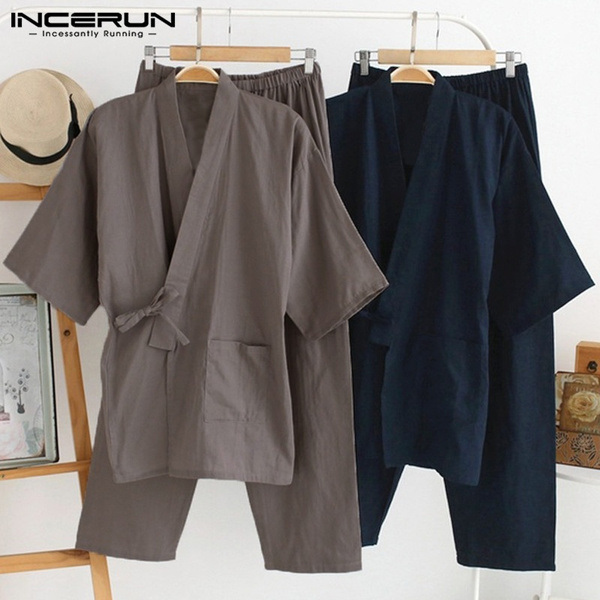 INCERUN Men Cotton Winter Long Kimono Pajamas Pants Set Home Wear Nightwear  Japanese L-5XL