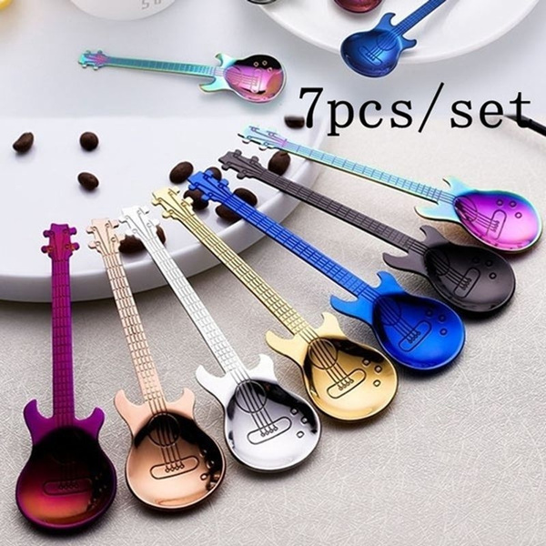 Stainless Steel Guitar Spoons Rainbow Coffee Tea Spoon Flatware Drinking ToolsFB