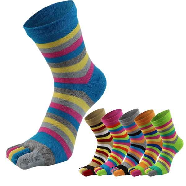 Winter Five Finger Toe Socks Colorful Striped Women Men Cotton Warm 