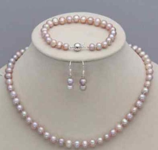 Natural 7-8mm White pink Purple Freshwater Pearl Necklace Earring Bracelet Set Natural 7-8mm White pink Purple Freshwater Pearl Necklace Earring Bracelet Set