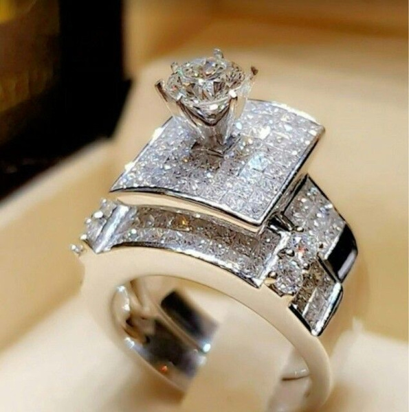 2pcs/set Chic Women White Sapphire 925 Silver Ring Wedding Bridal Jewelry Sz5-11 