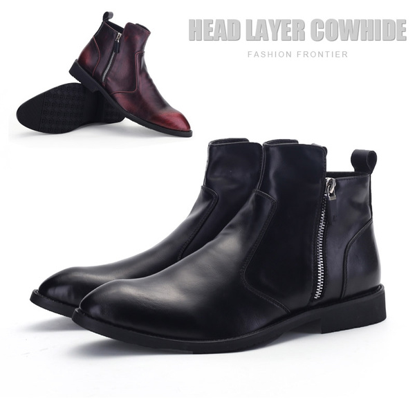 Mens Real Leather Cuban Heel Chelsea Ankle Boots Pointy Toe Dress Side Zip Shoes