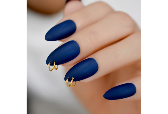 Gold Ring Matte Dark Blue Stiletto Fake Nails Oval Almond Pointed Frosted  Full Cover Punk Style Press on False Wear Nail | Wish